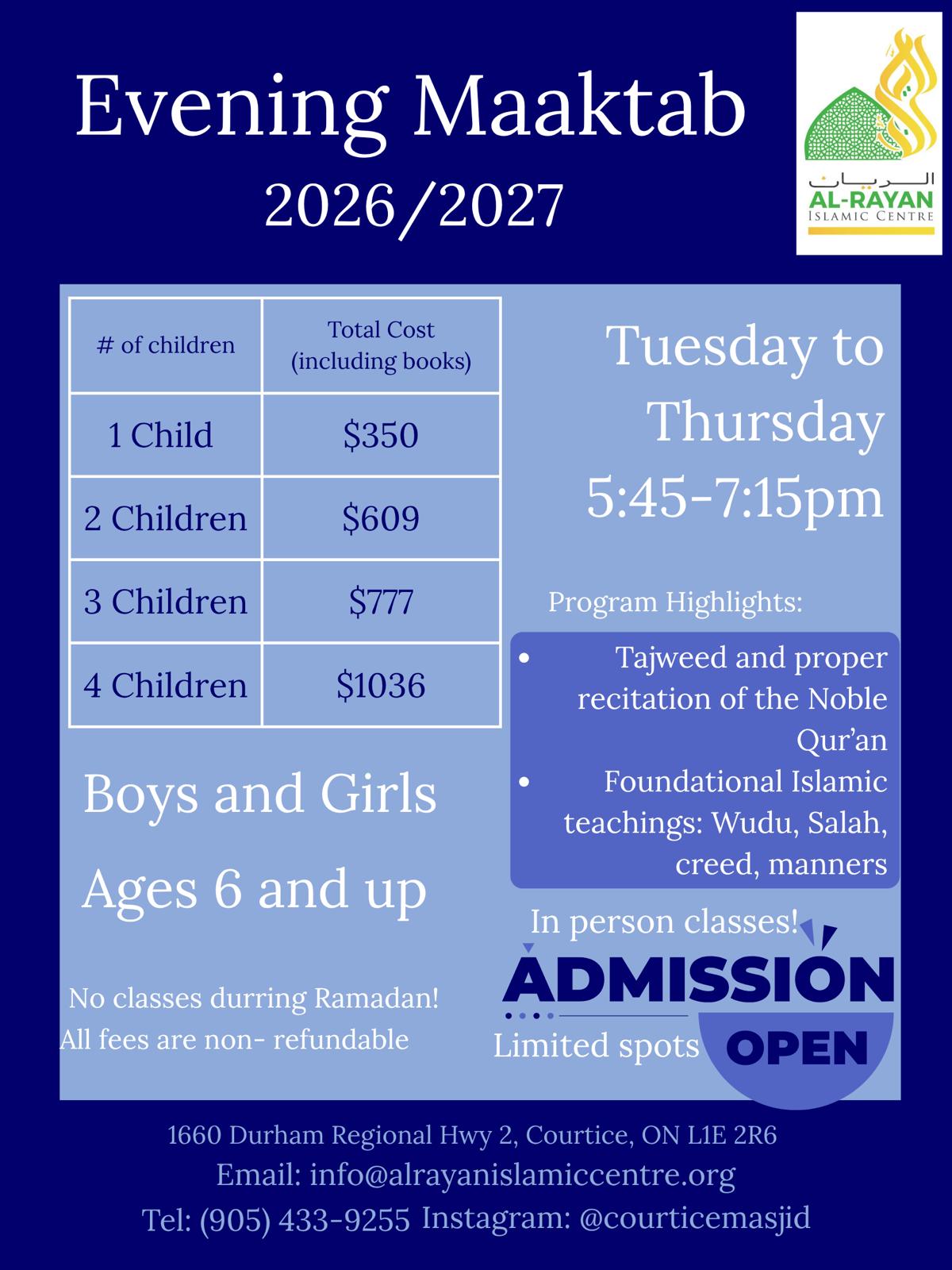 Evening Maktab  program 2026/2027